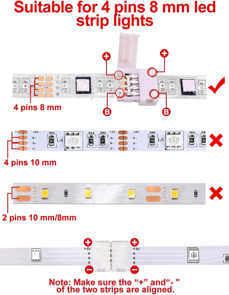 Ledagic X Shape LED Strip Connectors 5-Pcs with 20Pcs Clips, Unwired Solderless LED Light Connectors for 8mm Wide 4-Pin Strip Lights - Image 2